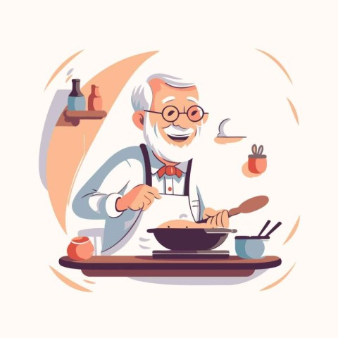 Elderly man cooking at kitchen. Vector illustration in cartoon s