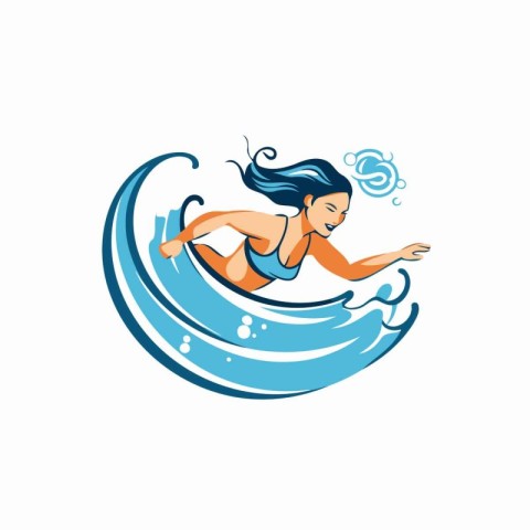 Surfer girl on a wave. Vector illustration on white background.