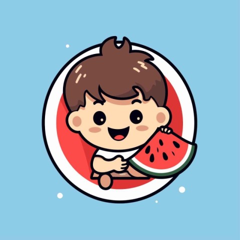 Cute little boy eating watermelon. Vector cartoon character illu