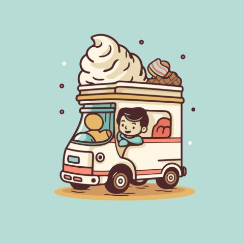 Illustration of ice cream truck with a boy in it. vector illustr