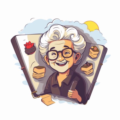 Handsome old man with a book and cake. Vector illustration.