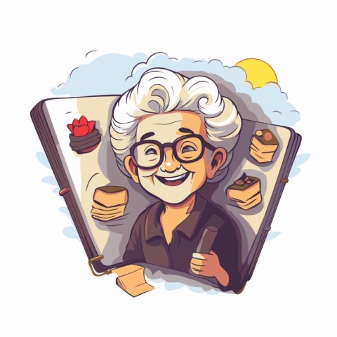 Handsome old man with a book and cake. Vector illustration.