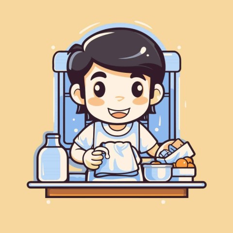 Cute little girl washing dishes in the bathroom. Vector illustra