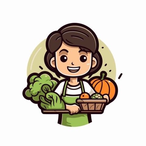 Cute boy holding a basket of fresh vegetables. Vector illustrati