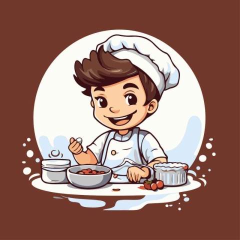 Cute boy chef cooking in the kitchen. Cartoon vector illustratio