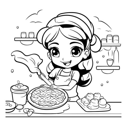 Black and White Cartoon Illustration of Little Girl Cooking Pizz