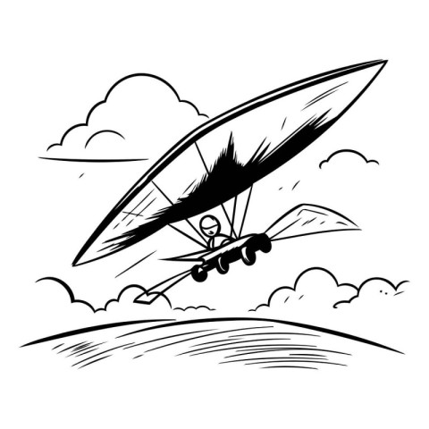 Paraglider flying in the sky. Black and white vector illustratio