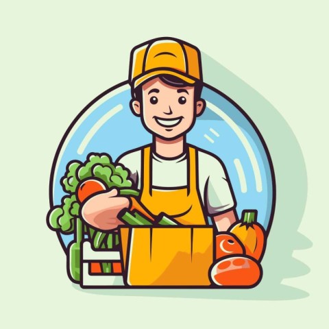 Vector illustration of a delivery man holding a box full of fres