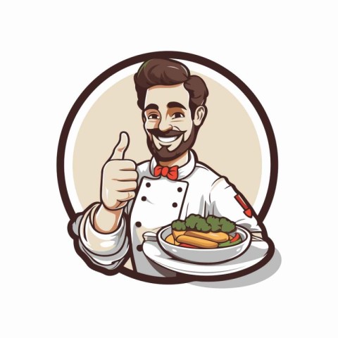 Illustration of a chef holding a plate of food and showing thumb