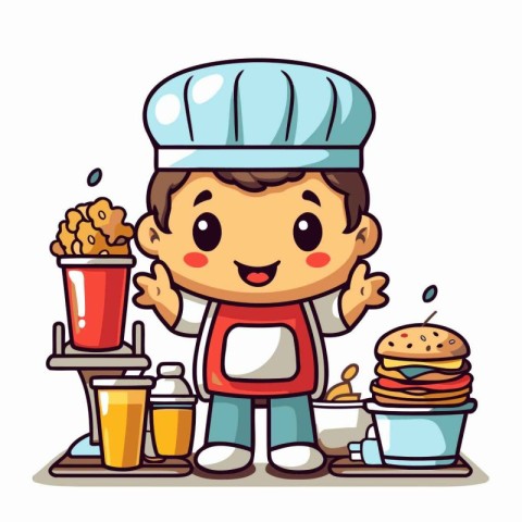 Cute boy chef with fast food. Cute cartoon vector illustration.