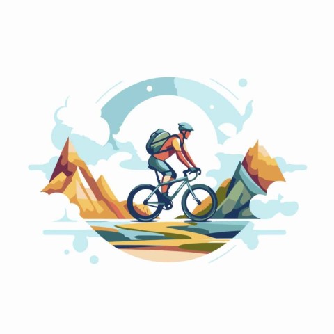 Mountain biker in the mountains. Flat style vector illustration.