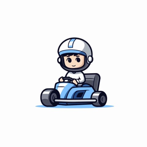 Cartoon kid driving a race car. Vector illustration on white bac