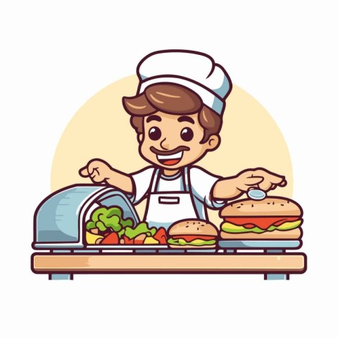 Chef cooking hamburger. Vector illustration on white background.