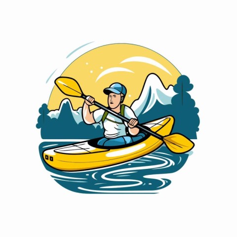 Man kayaking on the lake. Vector illustration in cartoon style.