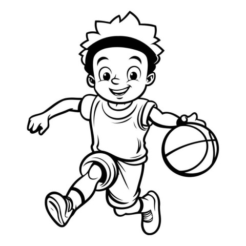 Black and White Cartoon Illustration of a Kid Playing Basketball