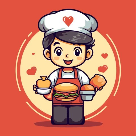 Cute boy chef with hamburger and apple. vector illustration.