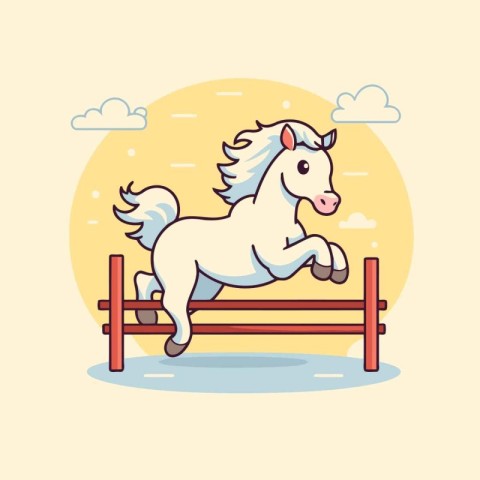 Horse jumping over fence. Vector illustration in flat cartoon st