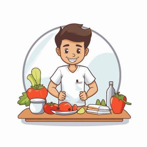 Man cooking healthy food in the kitchen. Vector illustration in