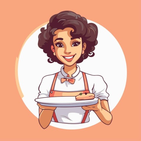 Vector illustration of a smiling waitress holding a plate with a