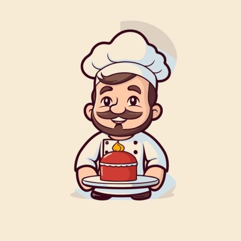 Illustration of a Cute Chef Cartoon Character with a Birthday Ca