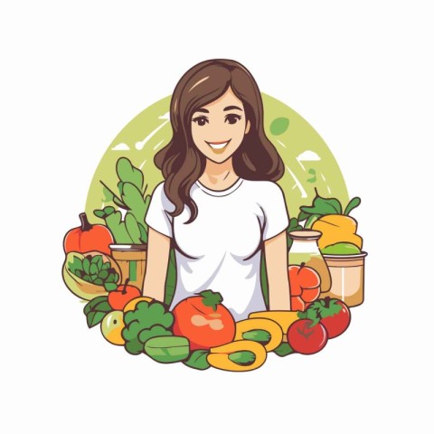 Young woman with vegetables in her hands. Vector illustration in