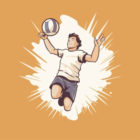 Volleyball player jumping with ball. Vector illustration in retr