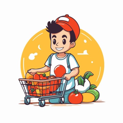 Cartoon boy with shopping cart full of fresh vegetables. Vector