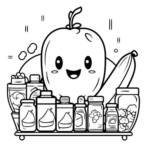 Black and White Cartoon Illustration of Cute Apple Mascot Charac