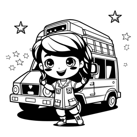 Vector illustration of Cute Cartoon Girl and Bus. Coloring Book