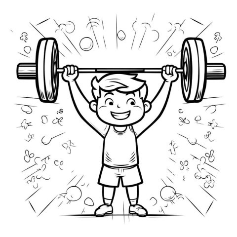 Boy lifting a barbell in the gym. Vector cartoon illustration.