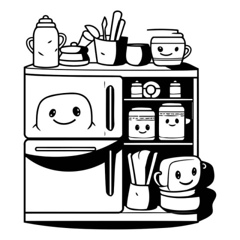 Black and white illustration of a refrigerator with kitchen uten