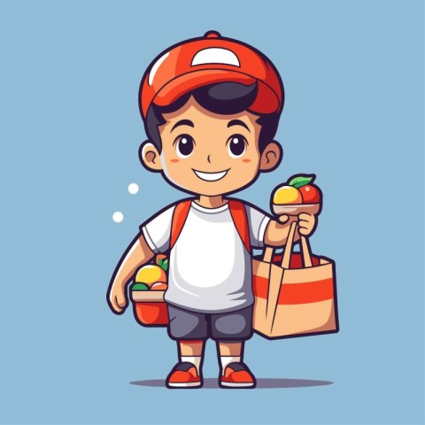 Cute boy carrying shopping bags and fruits. Vector cartoon illus