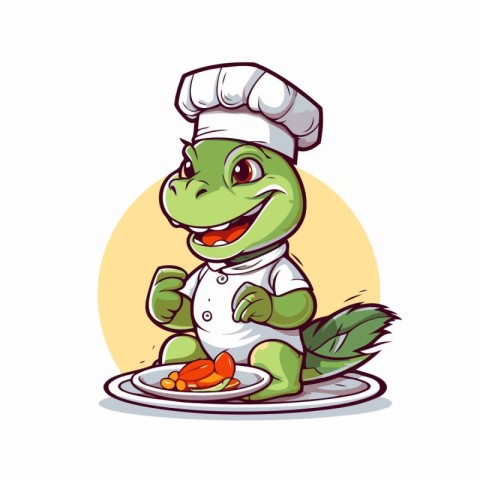 Cute cartoon crocodile chef with plate of food. Vector illustrat