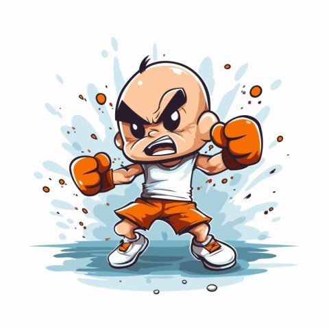 Angry bald man with boxing gloves. Vector illustration on white