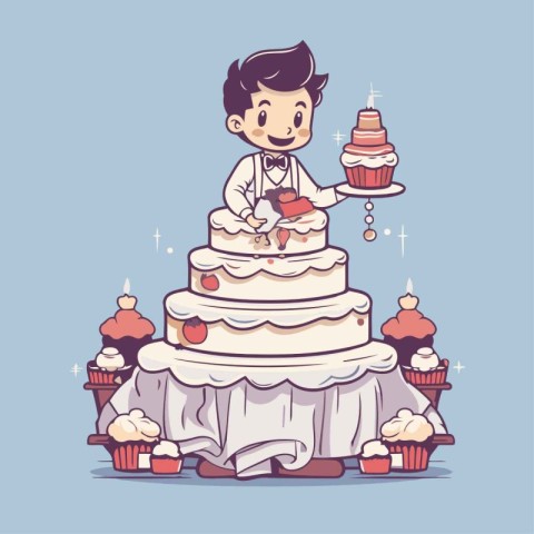 Illustration of a cute cartoon boy decorating a wedding cake.