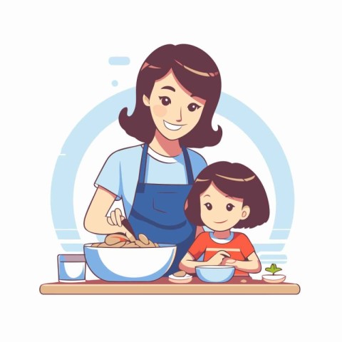 Mother and daughter cooking in the kitchen. Vector illustration