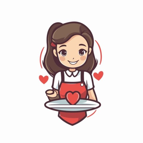 Cute cartoon girl holding a plate with a heart. Vector illustrat