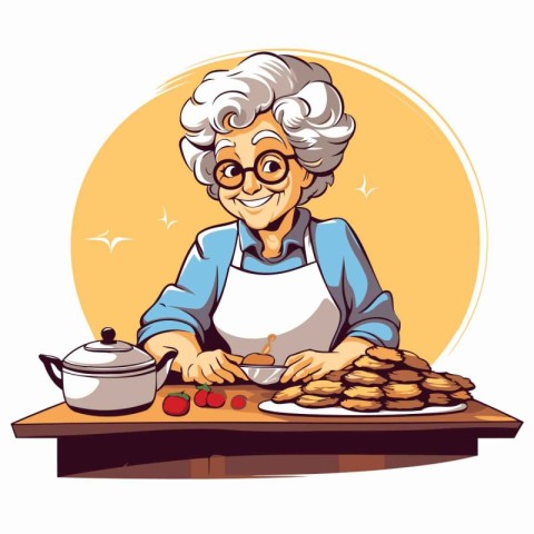 Elderly woman cooking on the kitchen. Vector cartoon illustratio