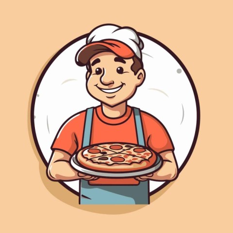 Cartoon pizza delivery boy in a cap and t-shirt. Vector illustra