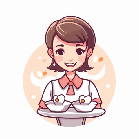 Waitress holding tray with dishes. Vector illustration in cartoo