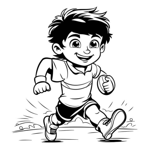 Running boy - Black and White Cartoon Illustration. Vector Clip