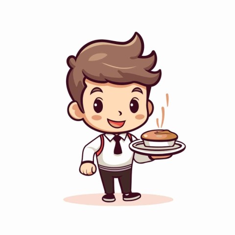 Cute little waiter holding a tray of food. Vector illustration.