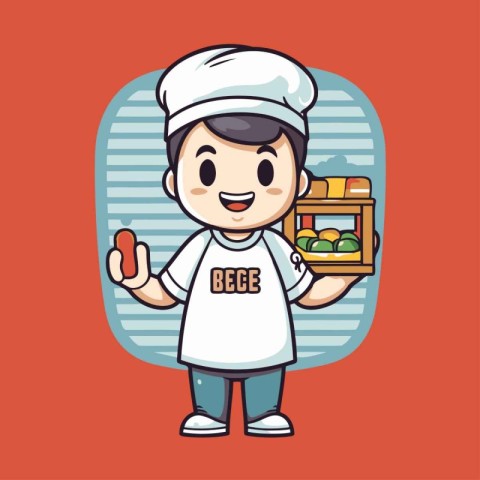 Cute Chef with a box of fresh vegetables. Vector illustration.