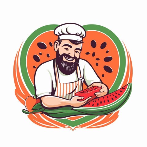 Chef with a slice of watermelon in his hand. Vector illustration