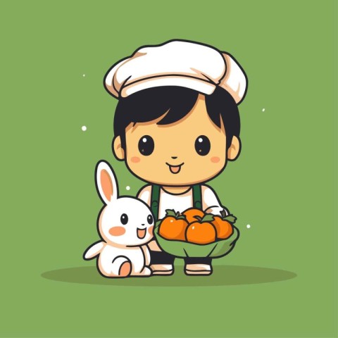 Cute cartoon chef with rabbit and vegetables. Vector Illustratio