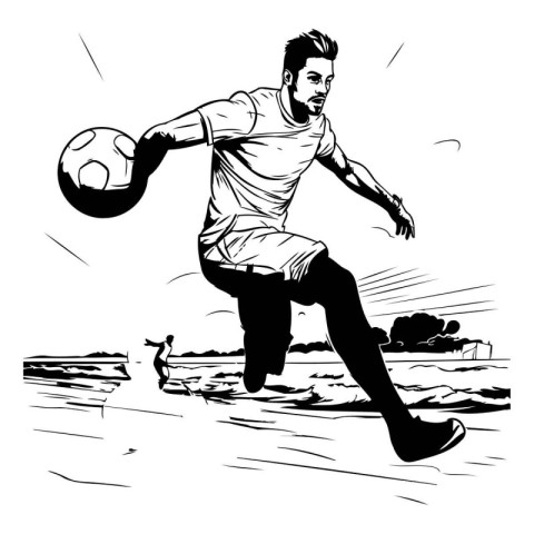 Soccer player jumping with ball. Black and white vector illustra