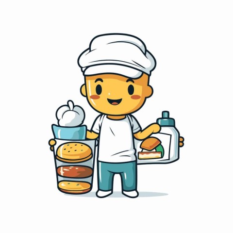 Chef with hamburger and bottle of milk. Vector illustration.