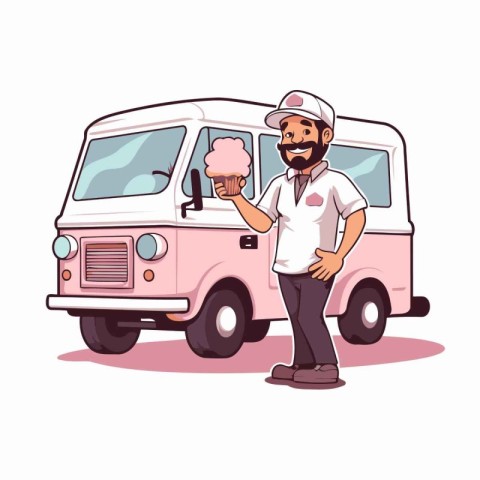 Cartoon vector illustration of a man eating ice cream from a van