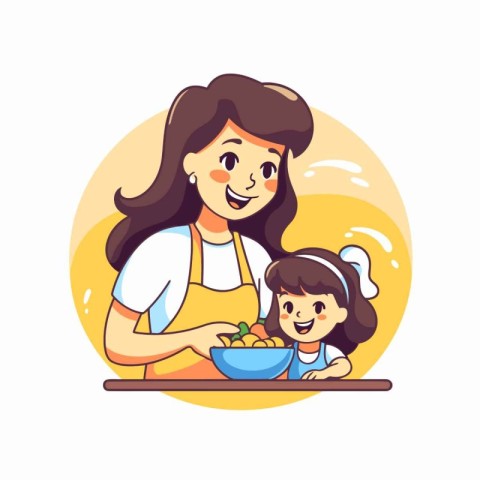 Mother and daughter eating healthy food together. Vector illustr