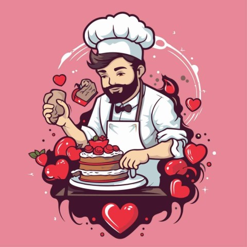 Vector illustration of a bearded man chef decorating a cake with